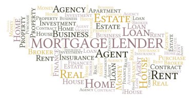 Mortgage Lender kelime bulut. Yalnızca metinle yapılan Wordcloud.