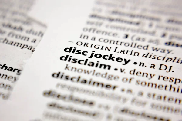 Word or phrase disc jockey or DJ in a dictionary. — Stock Photo, Image