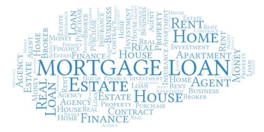 Mortgage Kredisi kelime bulut. Yalnızca metinle yapılan Wordcloud.