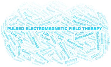 Pulsed elektromanyetik alan terapisi kelime bulutu. Yalnızca metin ile yapılan wordcloud.