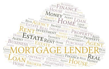 Mortgage Lender kelime bulut. Yalnızca metinle yapılan Wordcloud.