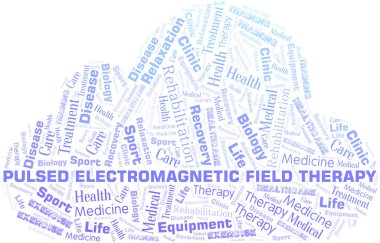 Pulsed elektromanyetik alan terapisi kelime bulutu. Yalnızca metin ile yapılan wordcloud.