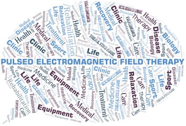 Pulsed elektromanyetik alan terapisi kelime bulutu. Yalnızca metin ile yapılan wordcloud.