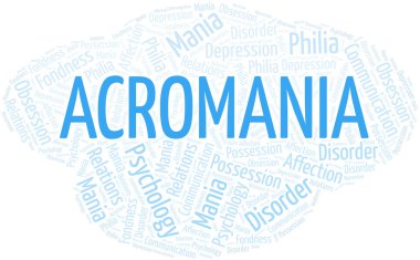Acromania kelime bulutu. Sadece metin ile yapılan Mania türü.