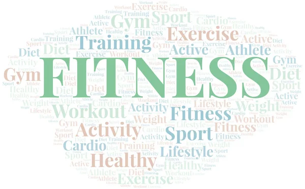 Nuvola di parole fitness. Wordcloud realizzato solo con testo . — Vettoriale Stock