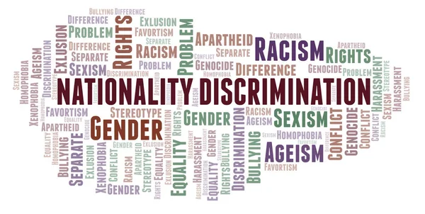Nazionalità Discriminazione - tipo di discriminazione - parola nube . — Foto Stock