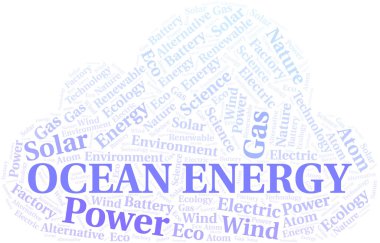 Okyanus Enerji kelime bulut. Yalnızca metinle yapılan Wordcloud.