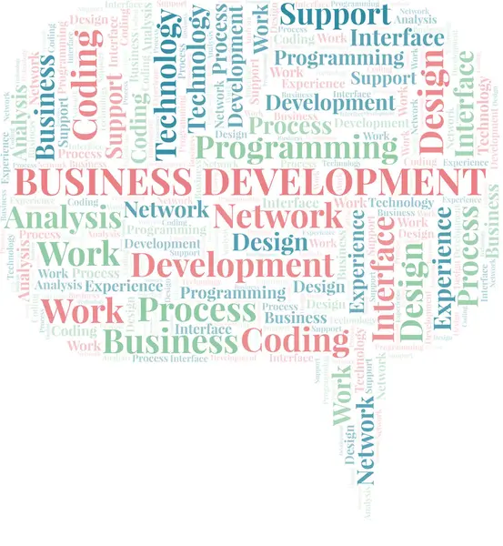 Desenvolvimento de negócios nuvem de palavras. Wordcloud feito apenas com texto . —  Vetores de Stock