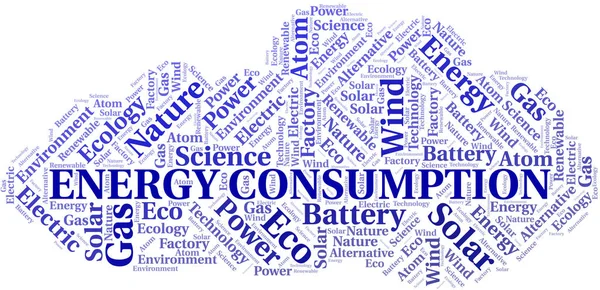 Consumo energetico parola nube. Wordcloud realizzato solo con testo . — Vettoriale Stock