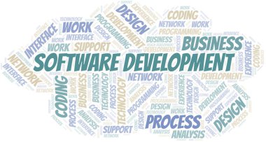 Yazılım Geliştirme kelime bulut. Yalnızca metinle yapılan Wordcloud.