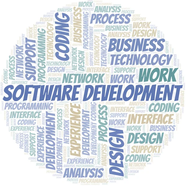 Parole di sviluppo software cloud. Wordcloud realizzato solo con testo . — Vettoriale Stock