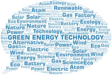 Yeşil Enerji Teknolojisi kelime bulut. Yalnızca metinle yapılan Wordcloud.