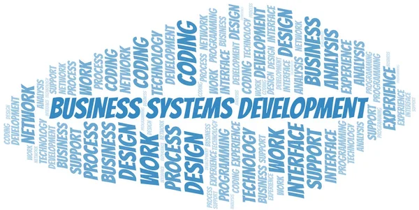 Desenvolvimento de sistemas de negócios nuvem de palavras. Wordcloud feito apenas com texto . —  Vetores de Stock