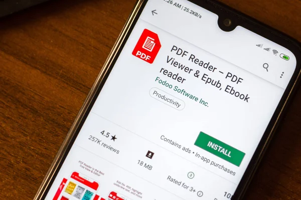 Ivanovsk, Oroszország-június 26, 2019: PDF Reader alkalmazás a kijelzőn a smartphone. — Stock Fotó