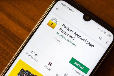 Ivanovsk, Rusya - 26 Haziran 2019: Akıllı telefonun ekranında Mükemmel Applock, App Protector uygulaması.