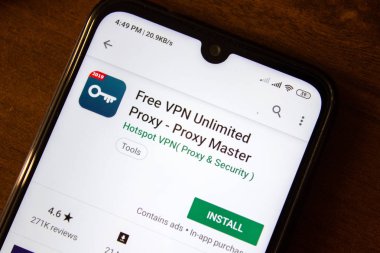 Ivanovsk, Rusya - 07 Temmuz 2019: Akıllı telefon veya tablet ekranında ücretsiz VPN Sınırsız Vekil Sunucu uygulaması.