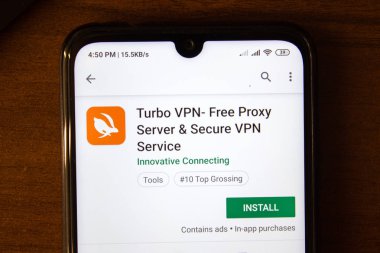 İvanovsk, Rusya-07 Temmuz 2019: akıllı telefon veya tablet ekranında Turbo VPN-Free Proxy Server uygulaması.