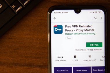 Ivanovsk, Rusya - 07 Temmuz 2019: Akıllı telefon veya tablet ekranında ücretsiz VPN Sınırsız Vekil Sunucu uygulaması.