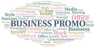 İş Promo kelime bulut. Yalnızca metinle yapılan kolaj.