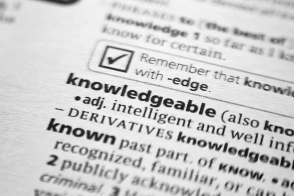 Word or phrase Knowledgeable in a dictionary. — Stock Photo, Image