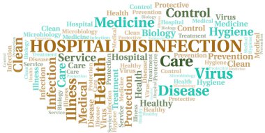 Hastane Dezenfeksiyon kelime bulut vektör sadece metin ile yapılan.