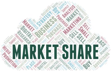 Piyasa payı kelime bulutu. Yalnızca metin ile yapılan vektör.