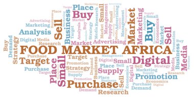Gıda piyasası Afrika kelime bulutu. Yalnızca metin ile yapılan vektör.