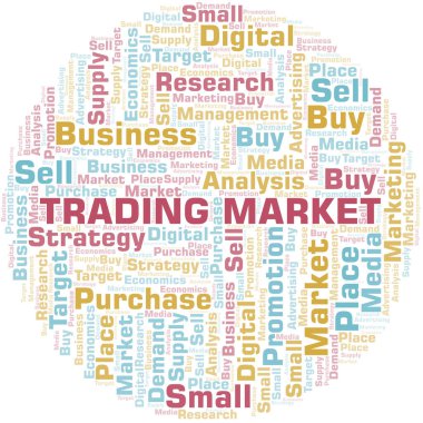 Ticaret piyasası kelime bulutu. Yalnızca metin ile yapılan vektör.