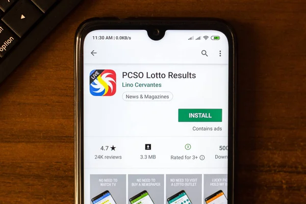 俄罗斯伊万诺夫斯克 - 2019年6月26日:Pcso乐透结果应用程序在智能手机显示屏上. — 图库照片