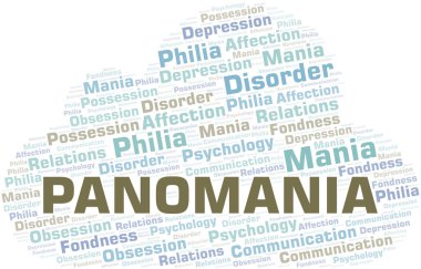 Panomania kelime bulutu. Sadece metin ile yapılan Mania türü.