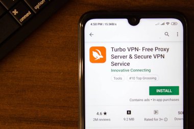 İvanovsk, Rusya-07 Temmuz 2019: akıllı telefon veya tablet ekranında Turbo VPN-Free Proxy Server uygulaması.