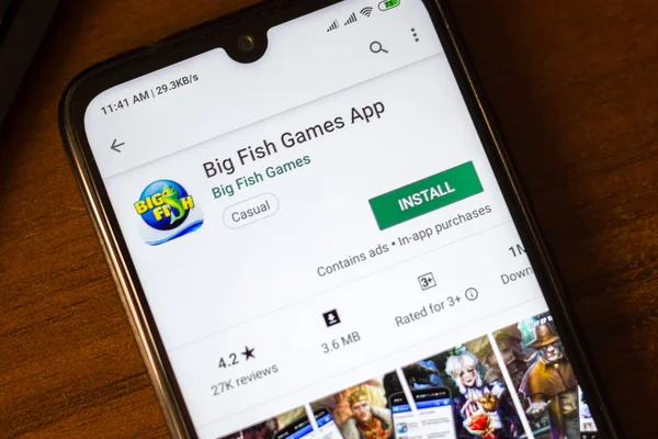 Ивановск, Россия - 26 июня 2019 года: Приложение Big Fish Games на дисплее смартфона . — стоковое фото