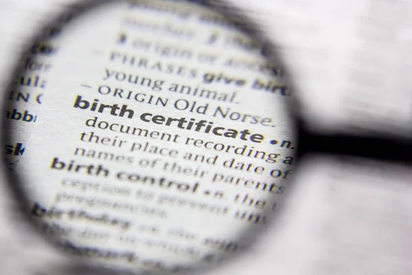 Word or phrase Birth certificate in a dictionary. — Stock Photo, Image