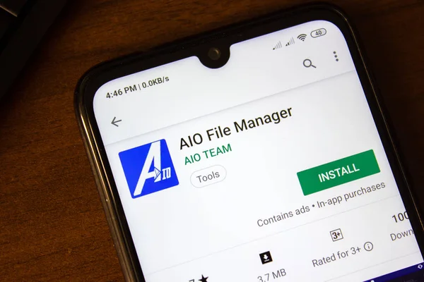 7 июля 2019 года: приложение AIO File Manager на дисплее смартфона или планшета . — стоковое фото