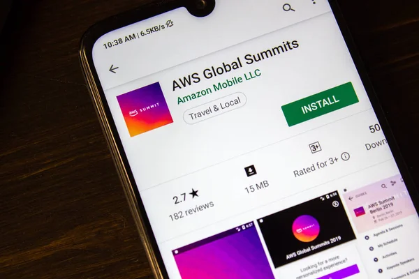 Ивановск, Россия - 21 июля 2019 года: AWS Global Summits app on the display of smartphone. — стоковое фото