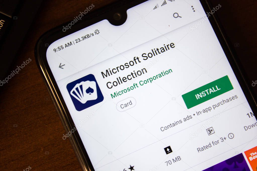 Ivanovsk, Russia - July 07, 2019: Microsoft Solitaire Collection app on the display of smartphone or tablet