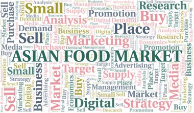 Asya gıda piyasası kelime bulutu. Yalnızca metin ile yapılan vektör.