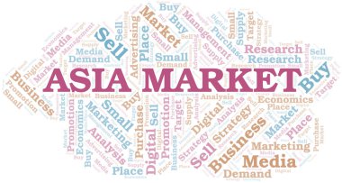 Asya pazarı kelime bulutu. Yalnızca metin ile yapılan vektör.