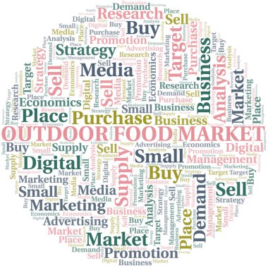 Outdoor gıda piyasası kelime bulutu. Yalnızca metin ile yapılan vektör.
