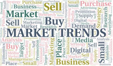 Piyasa trendleri kelime bulutu. Yalnızca metin ile yapılan vektör.