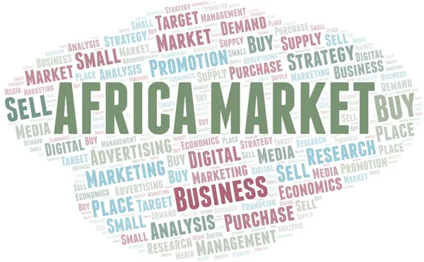 アフリカ市場ワードクラウド。テキストのみで作られたベクトル. — ストックベクタ