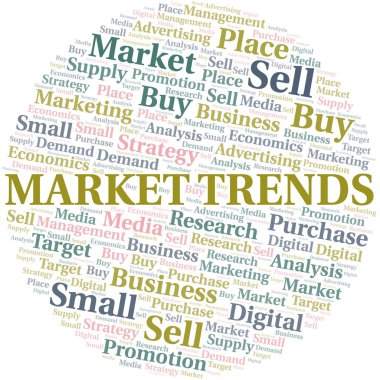 Piyasa trendleri kelime bulutu. Yalnızca metin ile yapılan vektör.