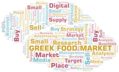 Yunan gıda piyasası kelime bulutu. Yalnızca metin ile yapılan vektör.
