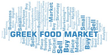 Yunan gıda piyasası kelime bulutu. Yalnızca metin ile yapılan vektör.