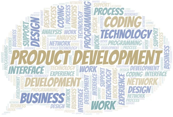 Sviluppo prodotti parola cloud. Wordcloud realizzato solo con testo . — Vettoriale Stock