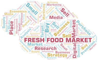 Taze Gıda Piyasası kelime bulut. Yalnızca metinle yapılan vektör.