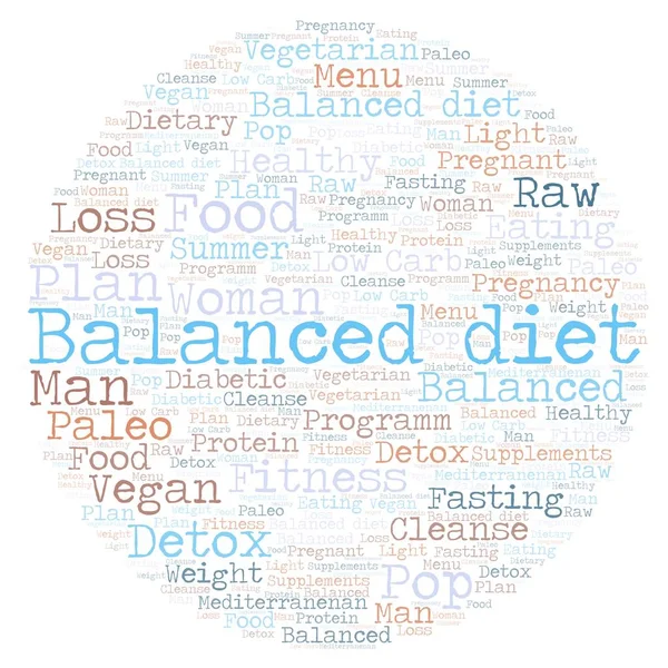 Nube di parole con testo Dieta equilibrata a forma di cerchio su sfondo bianco . — Foto Stock