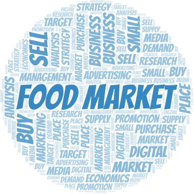 Gıda piyasası kelime bulutu. Yalnızca metin ile yapılan vektör.