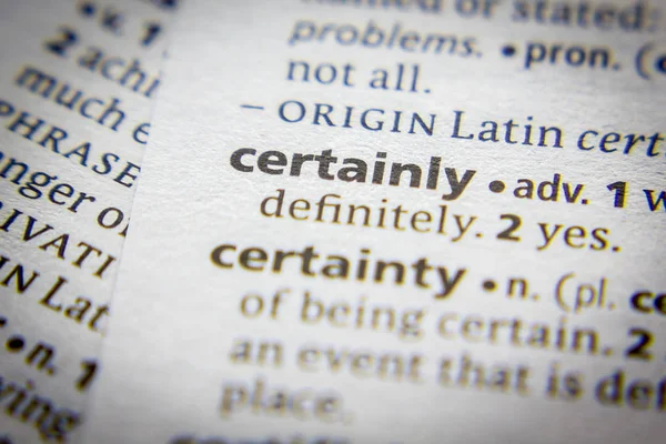 Palavra ou frase Certamente em um dicionário . — Fotografia de Stock