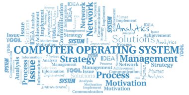 Bilgisayar İşletim Sistemi tipografi vektör kelime bulutu. Sadece metinle yapılmış kelime bulutu kolajı.